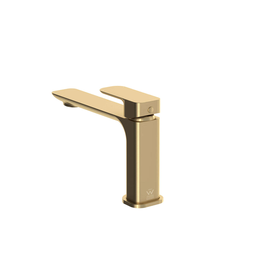 Otti Oskar brushed gold basin mixer side profile with brand logo on body by Tilemall
