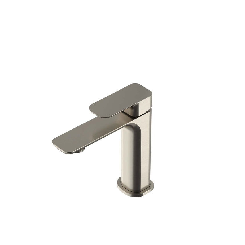 Otti Oskar brushed nickel basin mixer showing curved spout and lever detail by Tilemall
