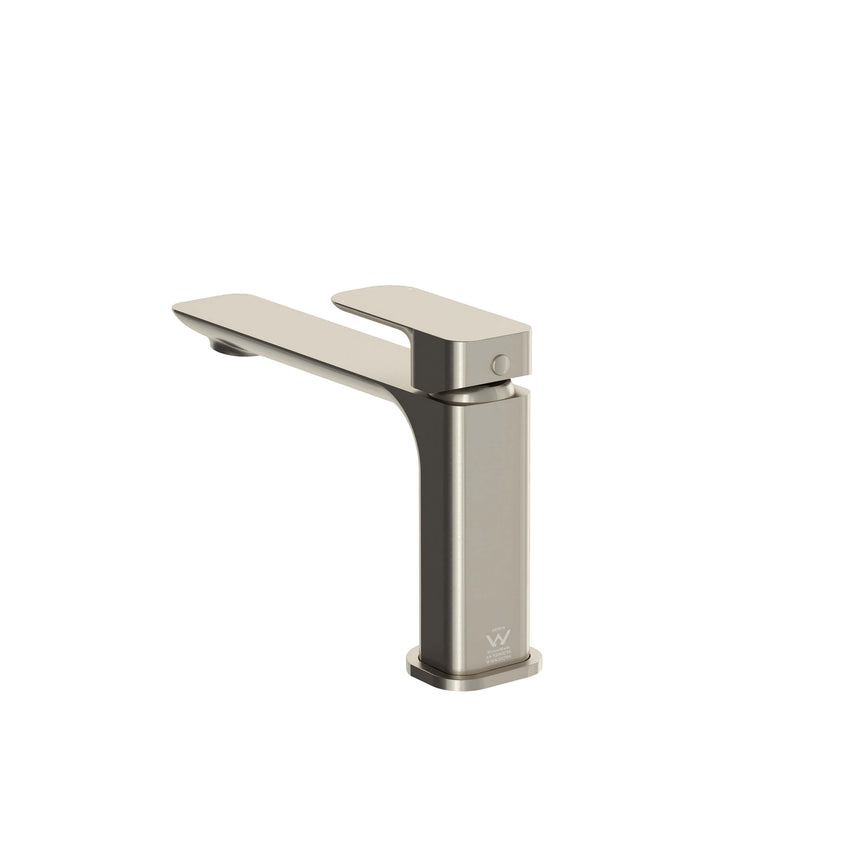 Otti Oskar brushed nickel basin mixer side profile with flat rectangular lever by Tilemall
