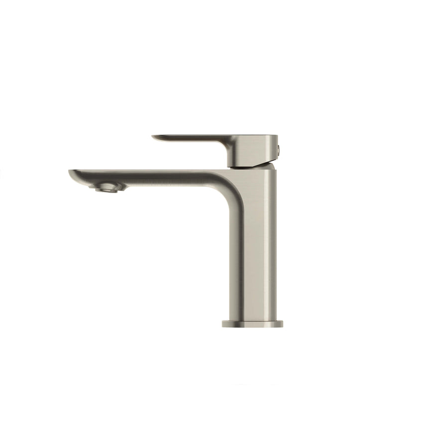 Otti Oskar brushed nickel basin mixer from front view with extended spout by Tilemall