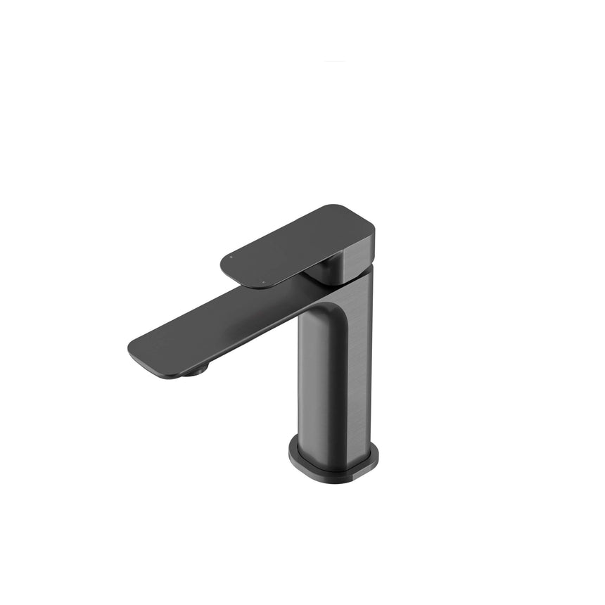 Otti Oskar gun metal basin mixer from side angle showing flat lever and cylindrical body by Tilemall