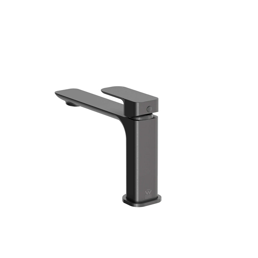 Otti Oskar gun metal basin mixer with Tilemall branding on column detail