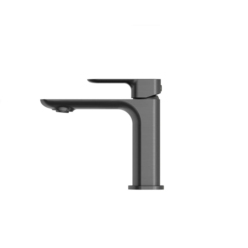 Close-up of Otti Oskar gun metal basin mixer showing lever handle profile by Tilemall