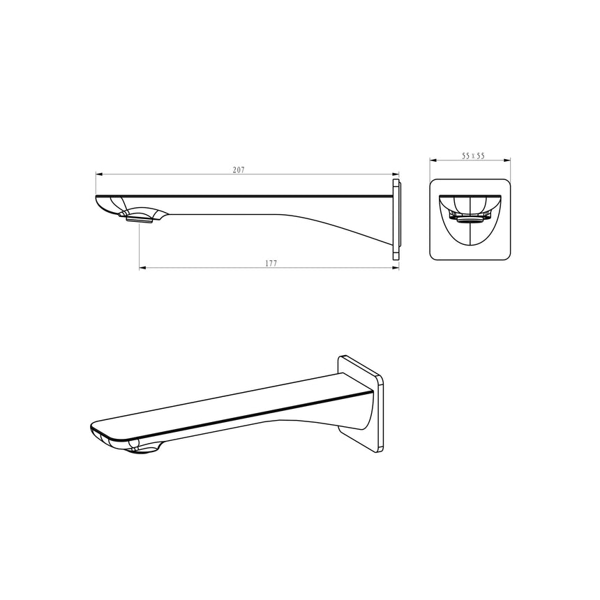 Otti Oskar OT bath spout installation dimensions showing 207mm length and wall bracket measurements by Tilemall