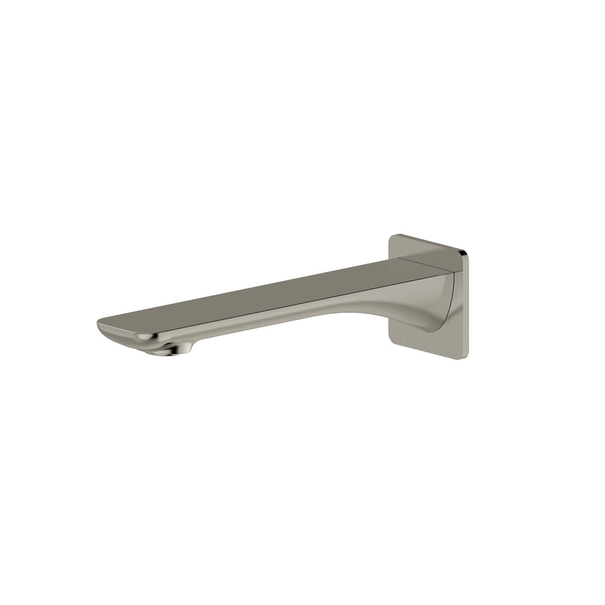 Otti Oskar brushed nickel bath spout by Tilemall with wall-mounted rectangular escutcheon and curved outlet