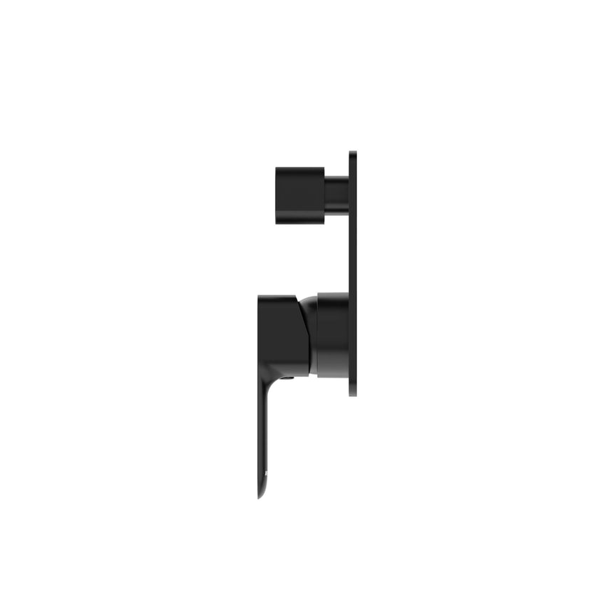 Close-up of Otti Oskar OT matte black shower mixer showing lever handle and diverter outlet by Tilemall