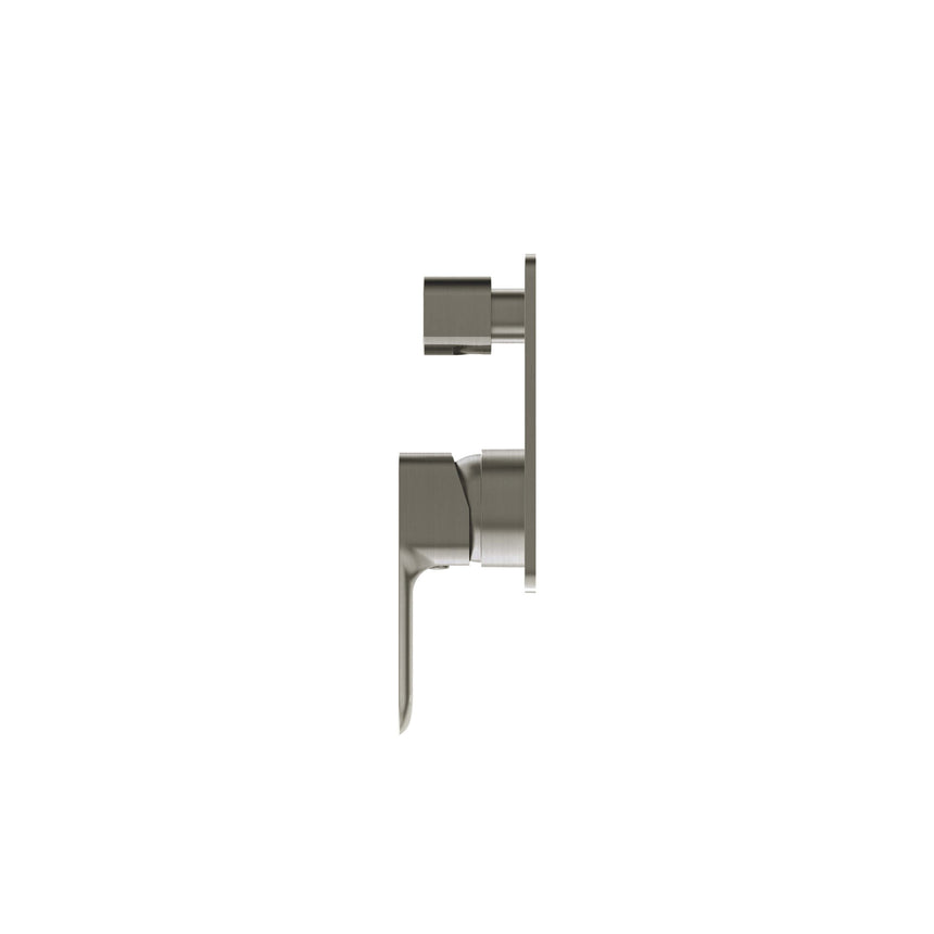 Side view of Otti Oskar brushed nickel shower mixer showing diverter and lever handle by Tilemall