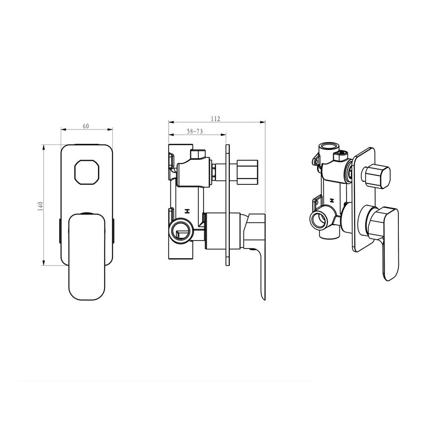 Technical installation dimensions for Otti Oskar shower mixer with diverter by Tilemall