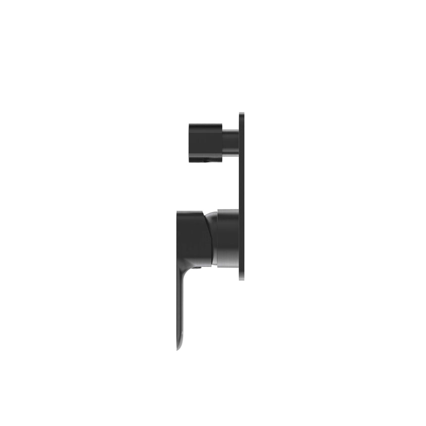 Side profile of Otti Oskar OT gun metal shower mixer displaying diverter button and lever control by Tilemall