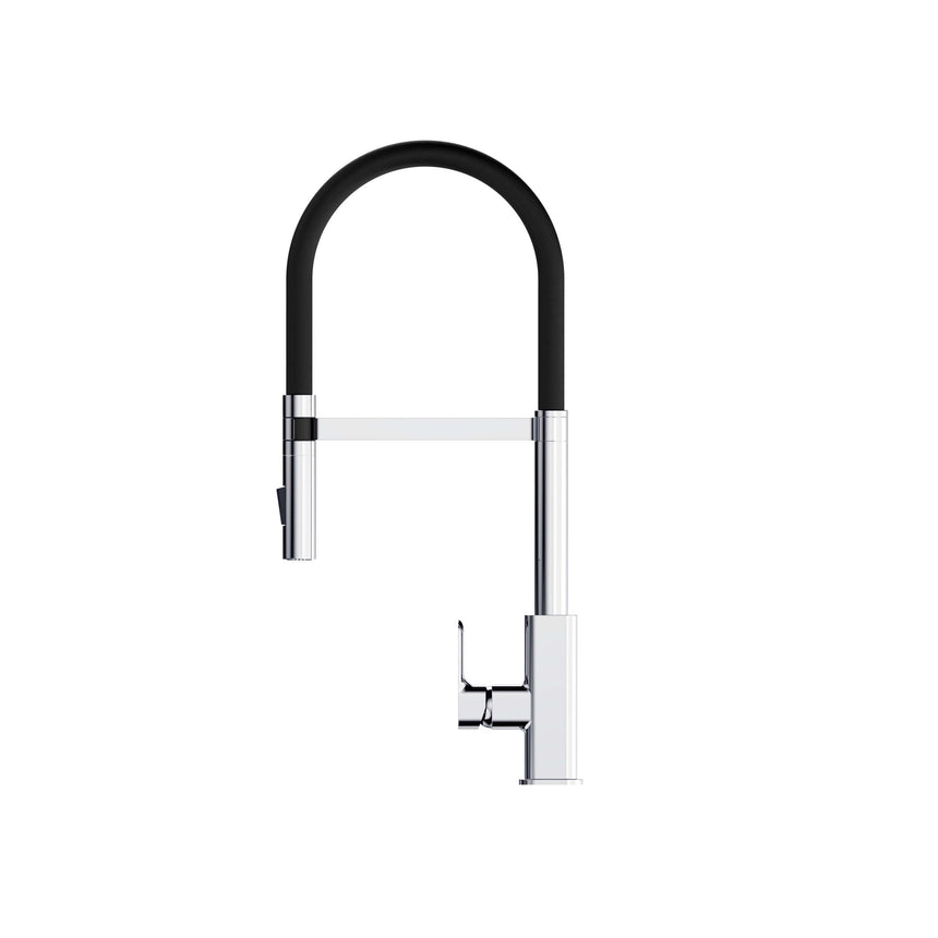 Otti Oskar chrome pull out kitchen mixer showing flexible spout retraction and control lever by Tilemall