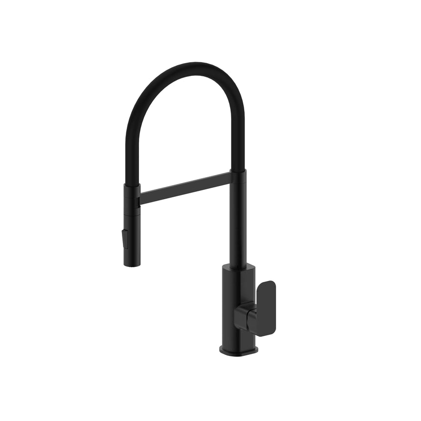 Otti Oskar matte black pull out kitchen mixer by Tilemall with high curved spout and lever handle