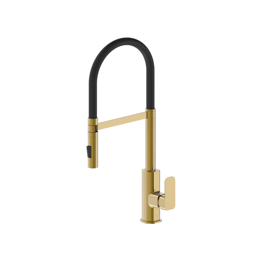 Otti Oskar brushed gold pull out kitchen mixer by Tilemall with black rubber spout and paddle handle