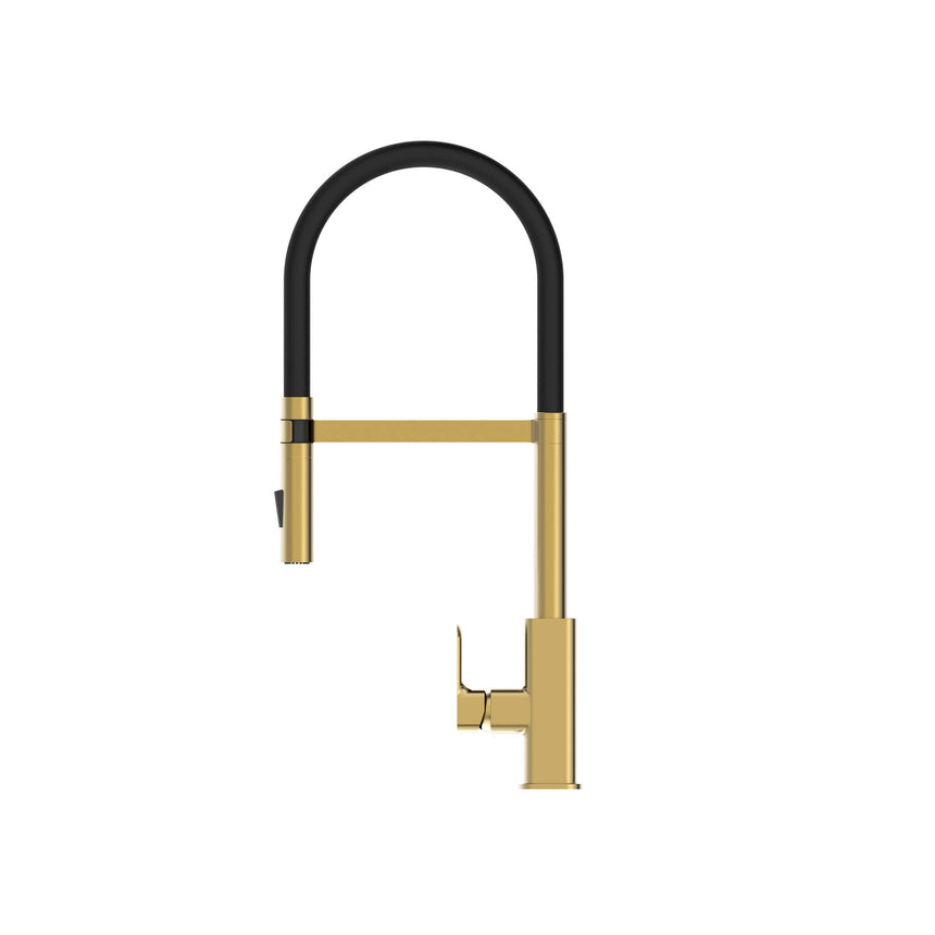 Otti Oskar brushed gold pull out kitchen mixer front view showing single lever control and flexible spout by Tilemall