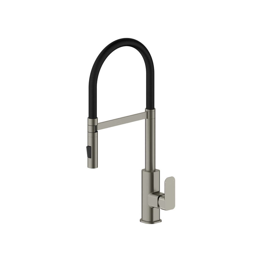 Otti Oskar brushed nickel pull out kitchen mixer by Tilemall with arc spout and lever handle