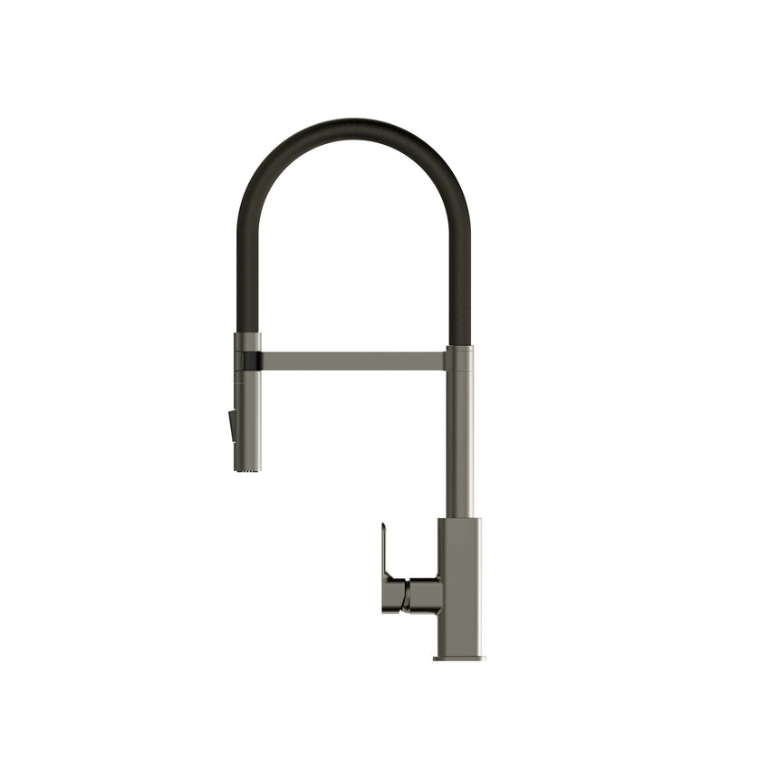 Otti Oskar brushed nickel pull out kitchen mixer front view showing flexible hose and handle by Tilemall