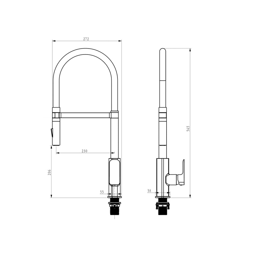 Technical installation dimensions for Otti Oskar pull out kitchen mixer by Tilemall