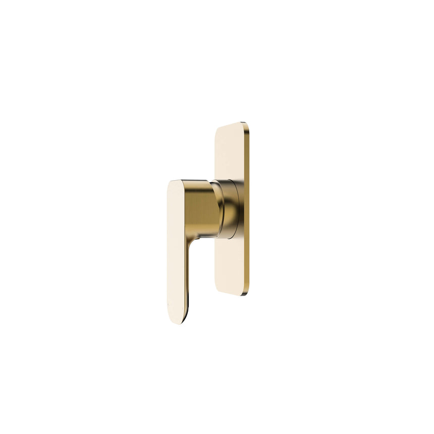 Otti Oskar brushed gold shower mixer detail showing lever handle and cylindrical cartridge assembly by Tilemall