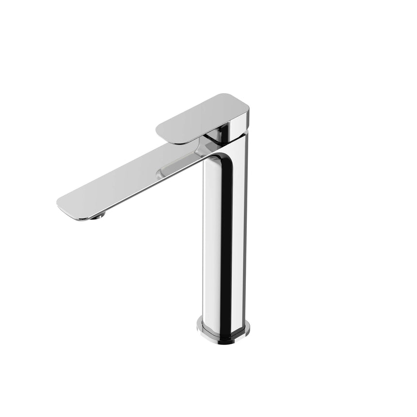 Otti Oskar Tall chrome basin mixer showing extended rectangular spout and lever control by Tilemall