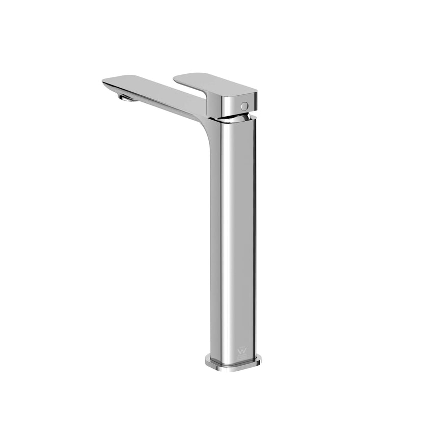 Otti Oskar Tall chrome basin mixer front view with flat spout and tall cylindrical body by Tilemall