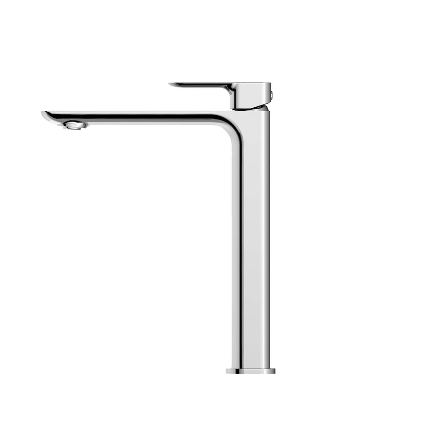 Otti Oskar Tall chrome basin mixer side profile with linear spout and minimalist lever by Tilemall