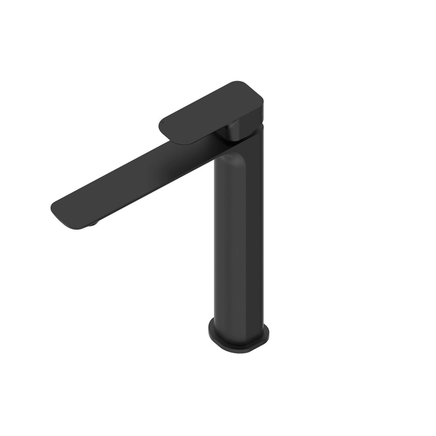Otti Oskar Tall matte black basin mixer angled view showing curved spout by Tilemall