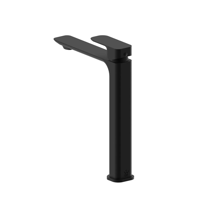 Otti Oskar Tall matte black basin mixer side profile with flat lever by Tilemall