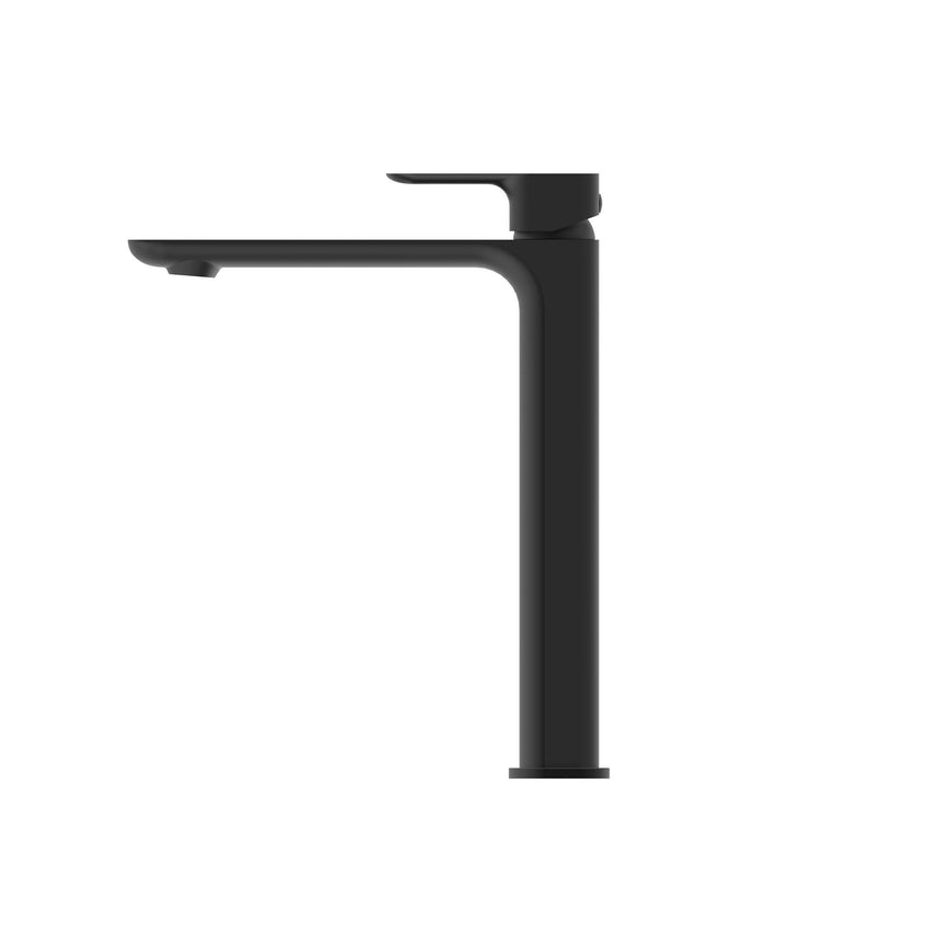 Otti Oskar Tall matte black basin mixer front view with extended spout by Tilemall