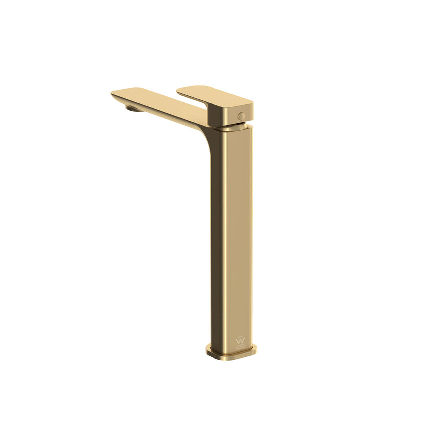 Otti Oskar Tall brushed gold basin mixer full height view with flat lever handle by Tilemall