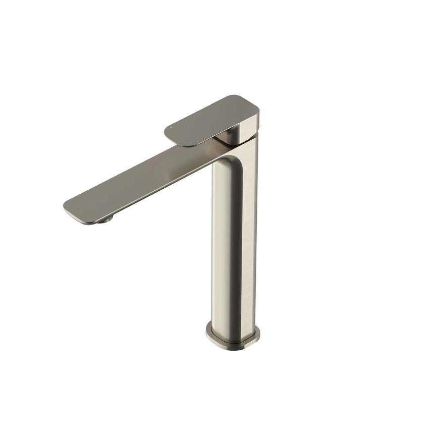 Otti Oskar brushed nickel tall basin mixer showing extended spout and lever detail by Tilemall