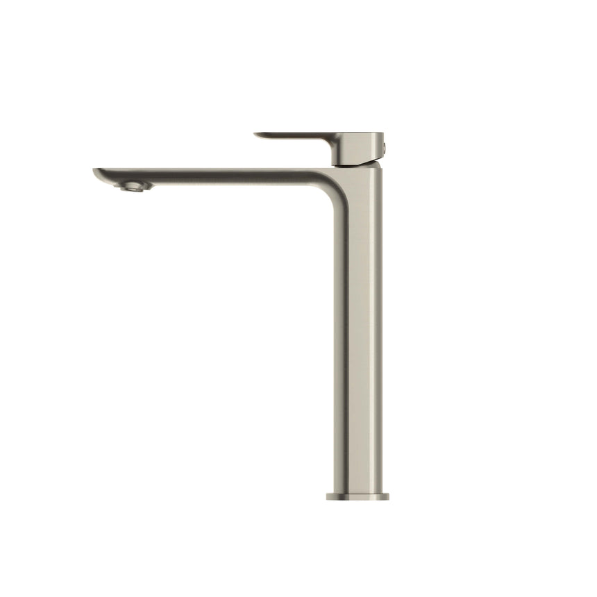Otti Oskar brushed nickel tall basin mixer side profile showing lever and spout by Tilemall