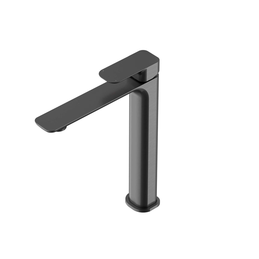 Otti Oskar Tall gunmetal basin mixer showing flat lever handle and spout detail by Tilemall