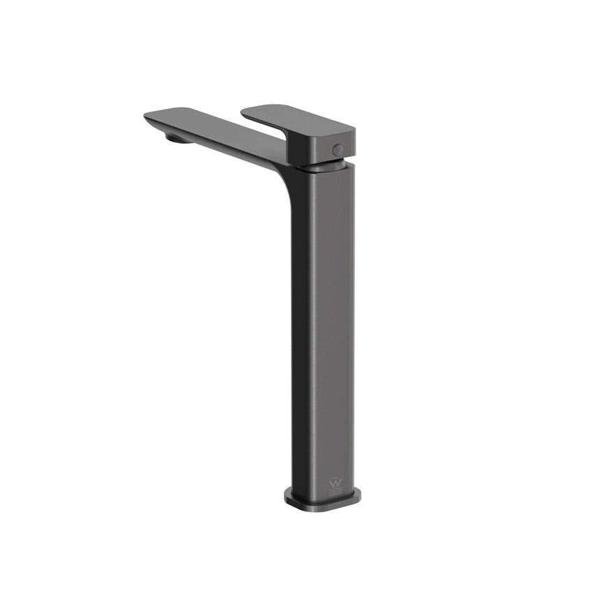 Otti Oskar Tall gunmetal basin mixer front view with extended spout and lever by Tilemall