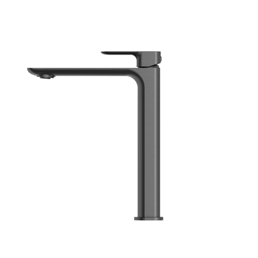 Otti Oskar Tall gunmetal basin mixer side profile with flat rectangular lever by Tilemall