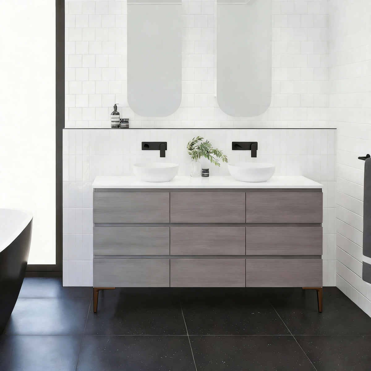 Timberline Ashton freestanding vanity on legs by Tilemall with grey wood drawers, white SilkSurface top, double vessel