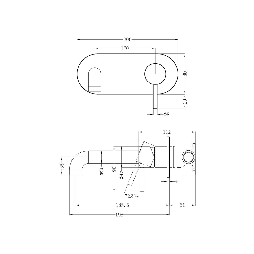 Nero Zen Ss316L Wall Basin/Bath Mixer 185mm Spout Graphite Tapware Nero
