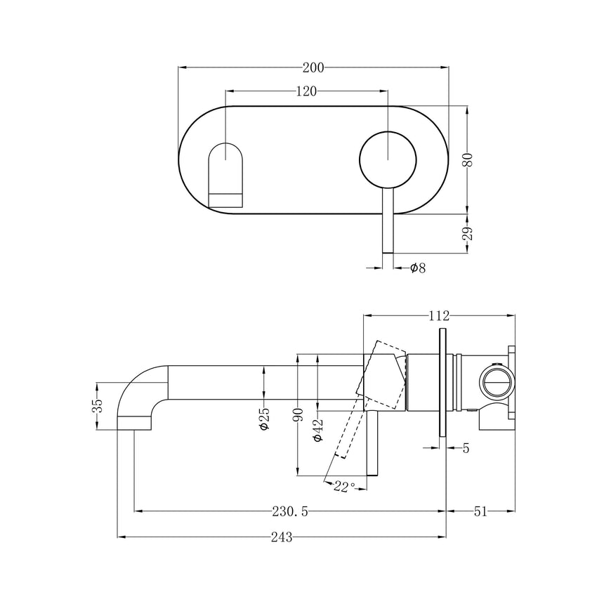 Nero Zen Ss316L Wall Basin/Bath Mixer 230mm Spout Brushed Nickel Tapware Nero