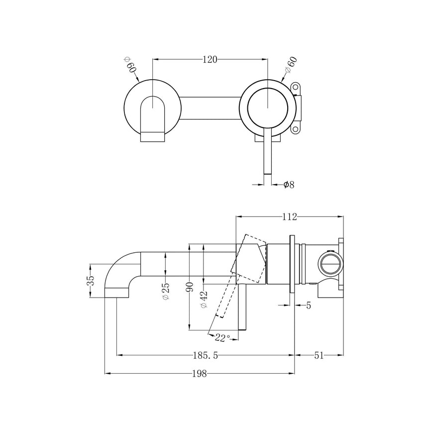 Nero Zen Ss316L Wall Basin/Bath Mixer Separate Back Plate 185mm Spout Brushed Bronze Tapware Nero