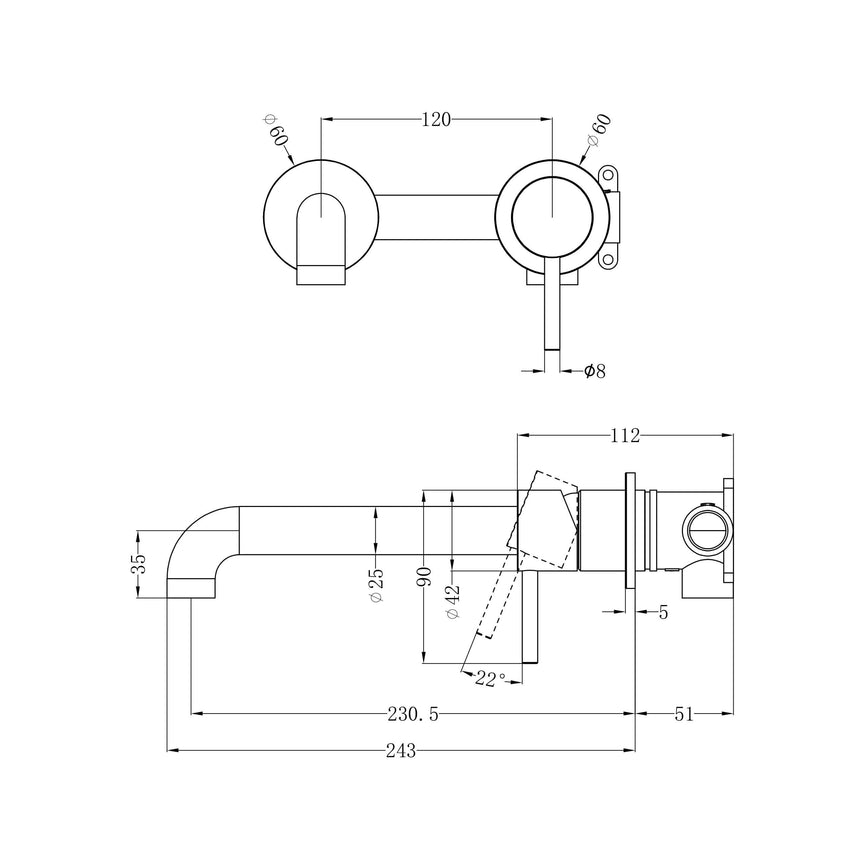 Nero Zen Ss316L Wall Basin/Bath Mixer Separate Back Plate 230mm Spout Graphite Tapware Nero