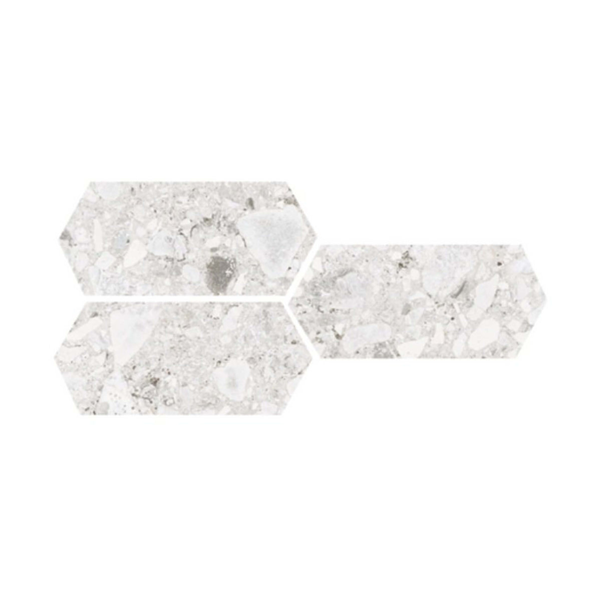 Ceppo Stone light 264x300mm SurfaceTec long hexagon terrazzo-look porcelain tiles by Tilemall with grey mineral flecks
