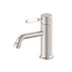 Nero York Straight Basin Mixer With White Porcelain Lever Brushed Nickel