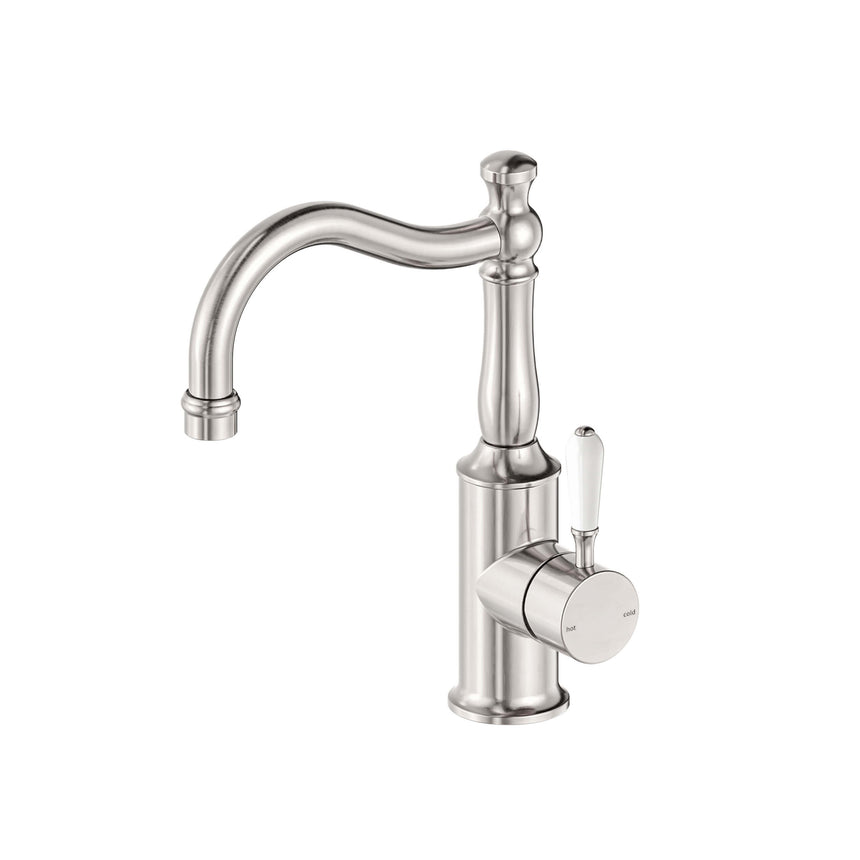 Nero York Basin Mixer Hook Spout With White Porcelain Lever Brushed Nickel Tapware Nero Default Title