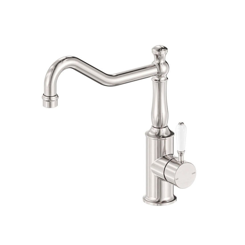 Nero York Kitchen Mixer Hook Spout With White Porcelain Lever Brushed Nickel Tapware Nero Default Title
