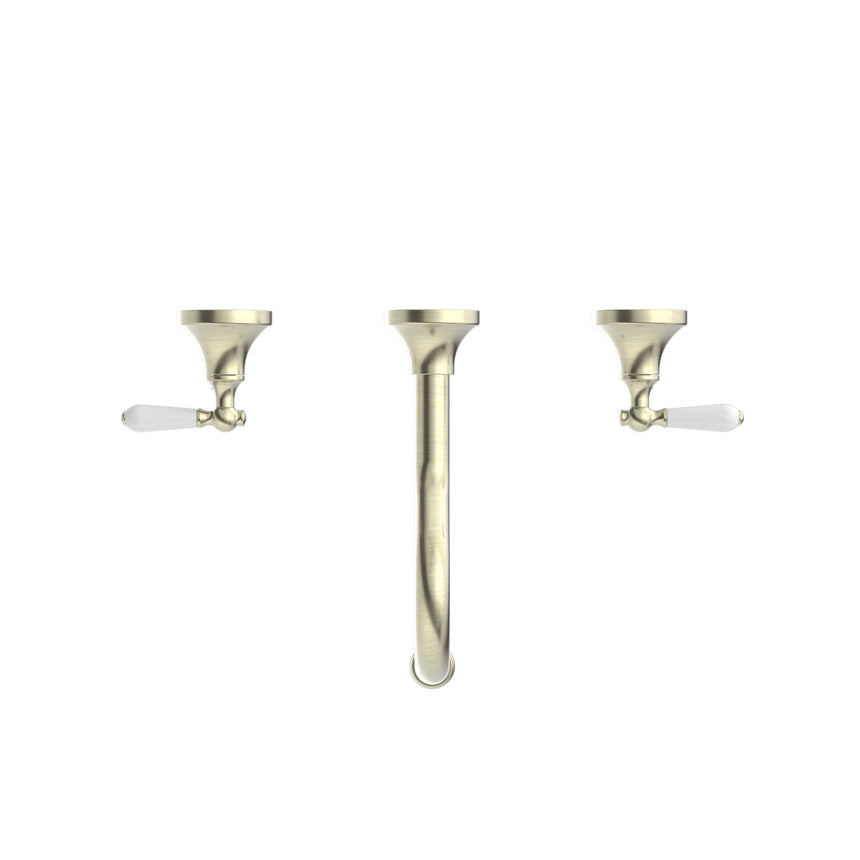 Nero York Wall Basin Set With White Porcelain Lever Aged Brass Tapware Nero
