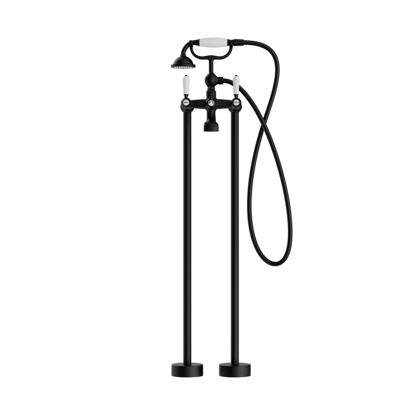Nero York Freestanding Bath Set With White Porcelain Hand Shower Matte Black Tapware Nero