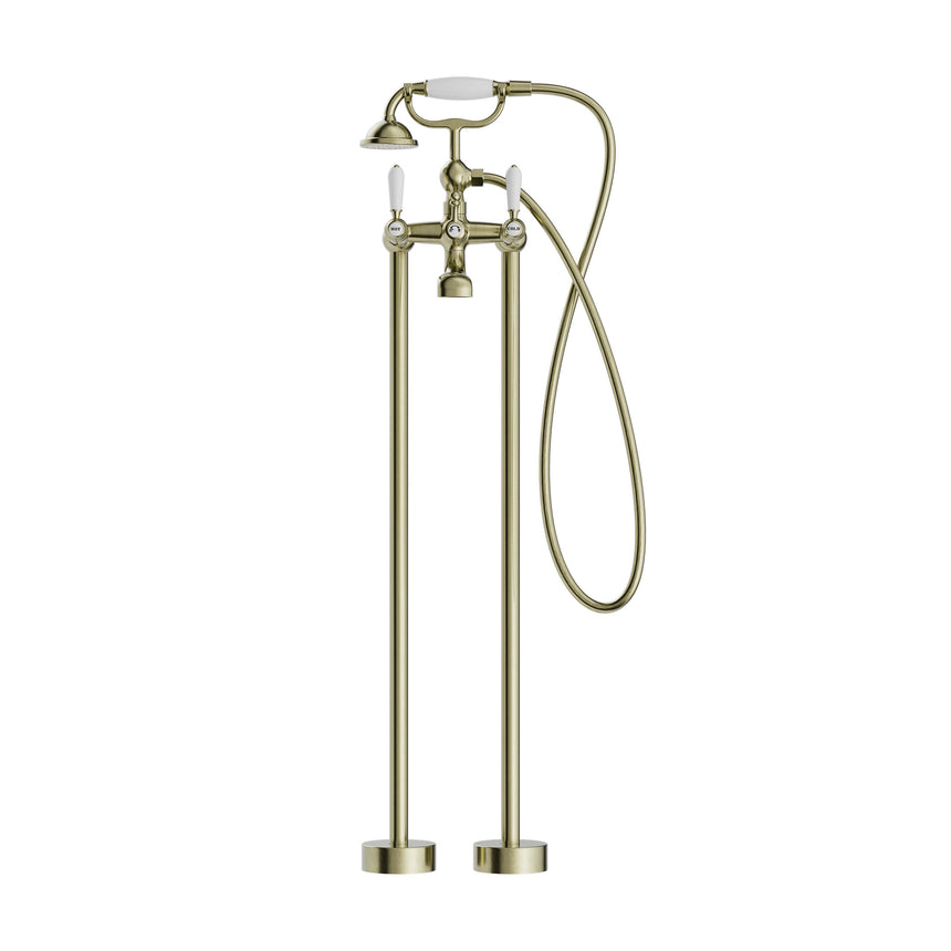 Nero York Freestanding Bath Set With White Porcelain Hand Shower Aged Brass Tapware Nero