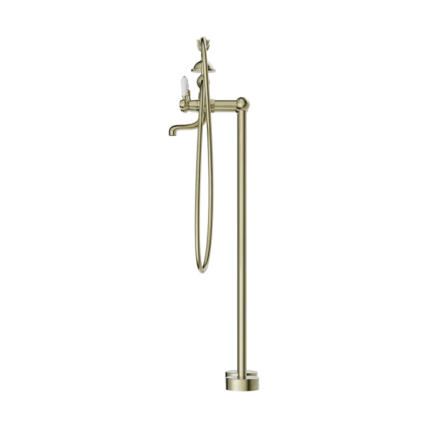 Nero York Freestanding Bath Set With White Porcelain Hand Shower Aged Brass Tapware Nero