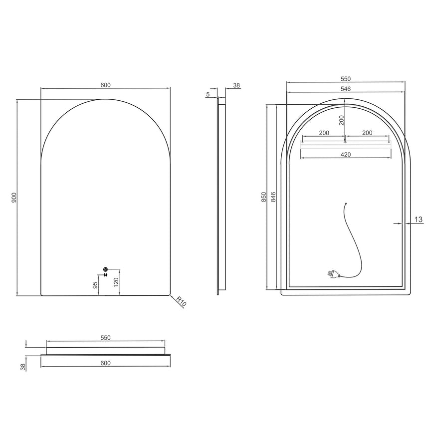 Technical dimensions diagram for Otti Archie 900x600mm LED frameless mirror showing depth and mounting specs by Tilemall