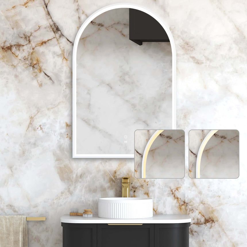 Otti Archie 900x600mm LED mirror detail showing white frame corner and brass accent strip finish options by Tilemall