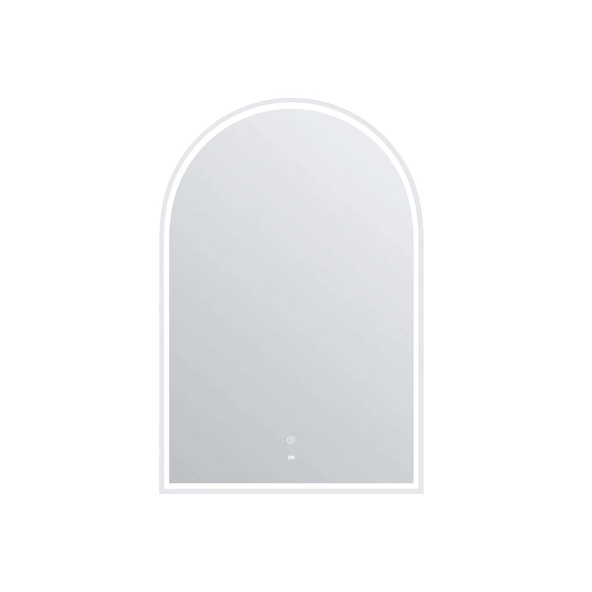 Otti Archie 900x600mm arched LED mirror by Tilemall, white metal frame, front product shot