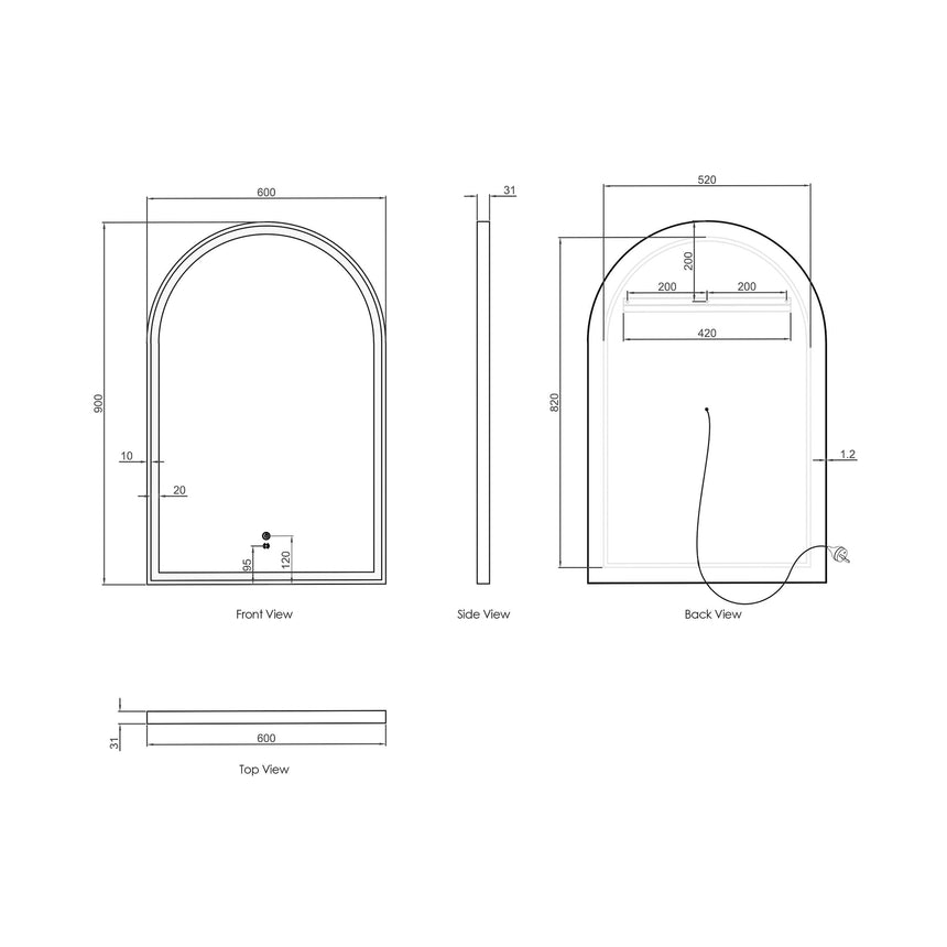 Technical dimensions diagram for Otti Archie 900x600mm LED mirror with frame depth and mounting specs by Tilemall